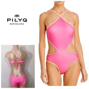 New. Platinum pink crochet trim one piece. Medium. Retails $168